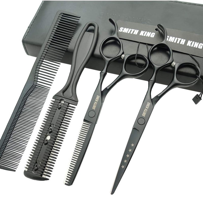 Smithking 6.0 Inches Hair Cutting Scissors Set with Combs Lether Scissors Case,Hair cutting shears Hair Thinning shears For Personal and Professional (Matt black) - Image 1